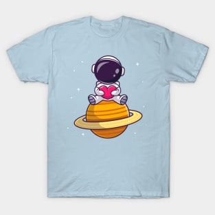 Cute Astronaut Sitting On Planet With Love Heart Cartoon T-Shirt